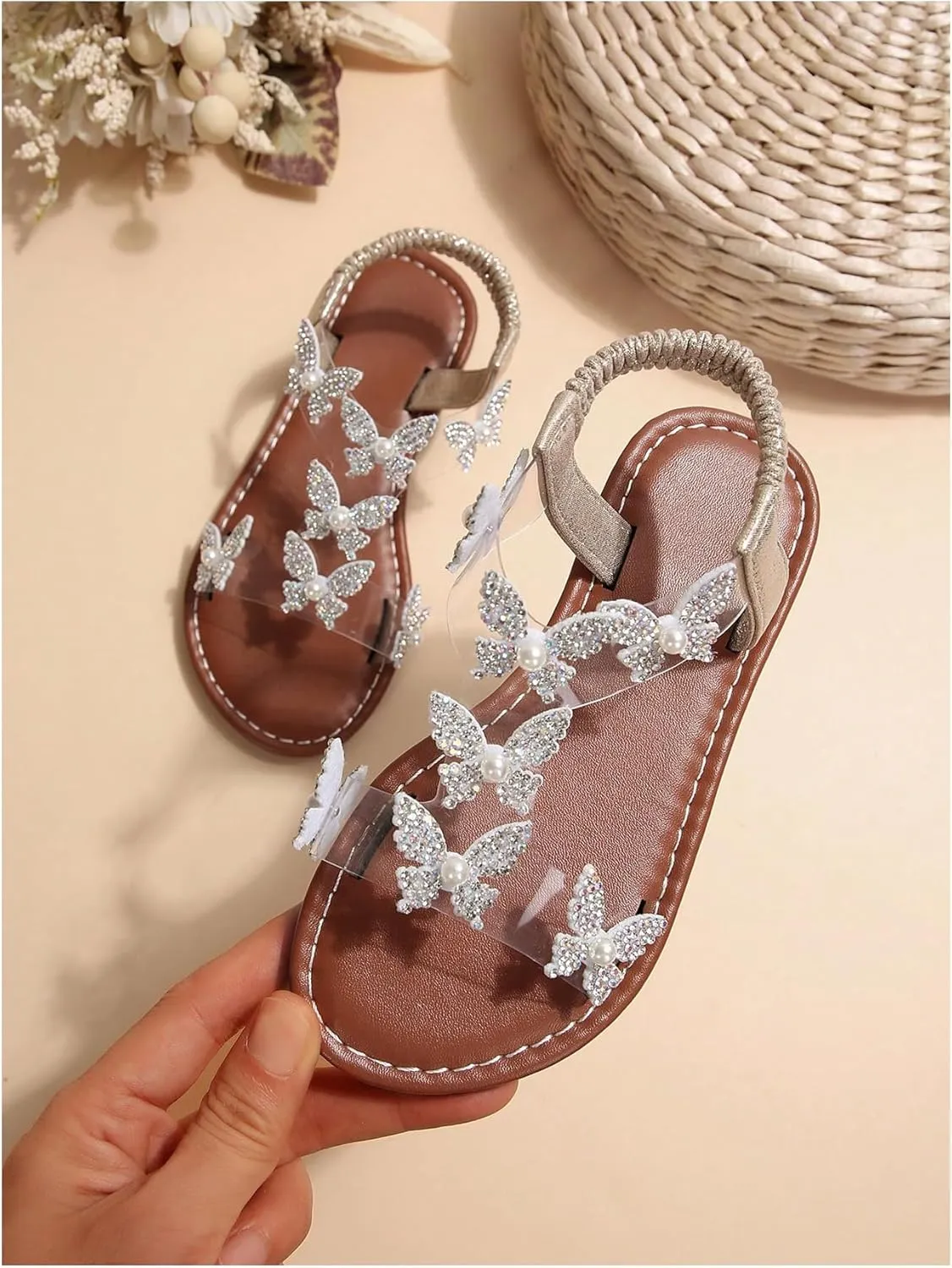 GORGLITTER Girl's Sandals Clear Butterfly Rhinestone Glitter Ankle Strap Flat Sandals Summer Beach Vacation Sandal