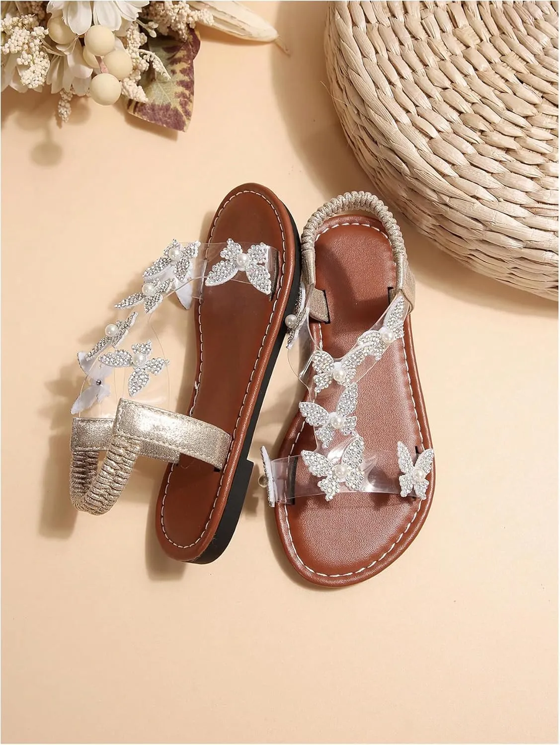 GORGLITTER Girl's Sandals Clear Butterfly Rhinestone Glitter Ankle Strap Flat Sandals Summer Beach Vacation Sandal