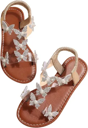 GORGLITTER Girl's Sandals Clear Butterfly Rhinestone Glitter Ankle Strap Flat Sandals Summer Beach Vacation Sandal