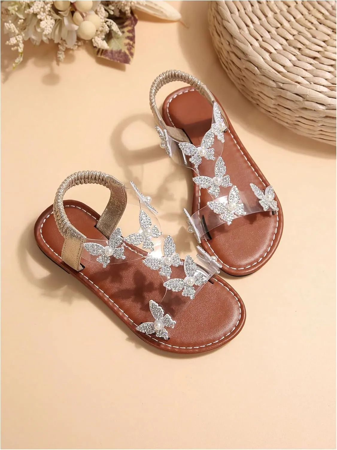 GORGLITTER Girl's Sandals Clear Butterfly Rhinestone Glitter Ankle Strap Flat Sandals Summer Beach Vacation Sandal