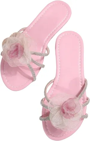 GORGLITTER Women's 3D Flower Sandals Dressy Criss Cross Floral Flat Sandals Square Open Toe Summer Beach Sandals