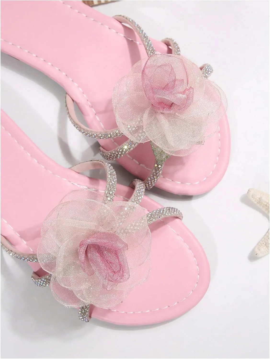 GORGLITTER Women's 3D Flower Sandals Dressy Criss Cross Floral Flat Sandals Square Open Toe Summer Beach Sandals