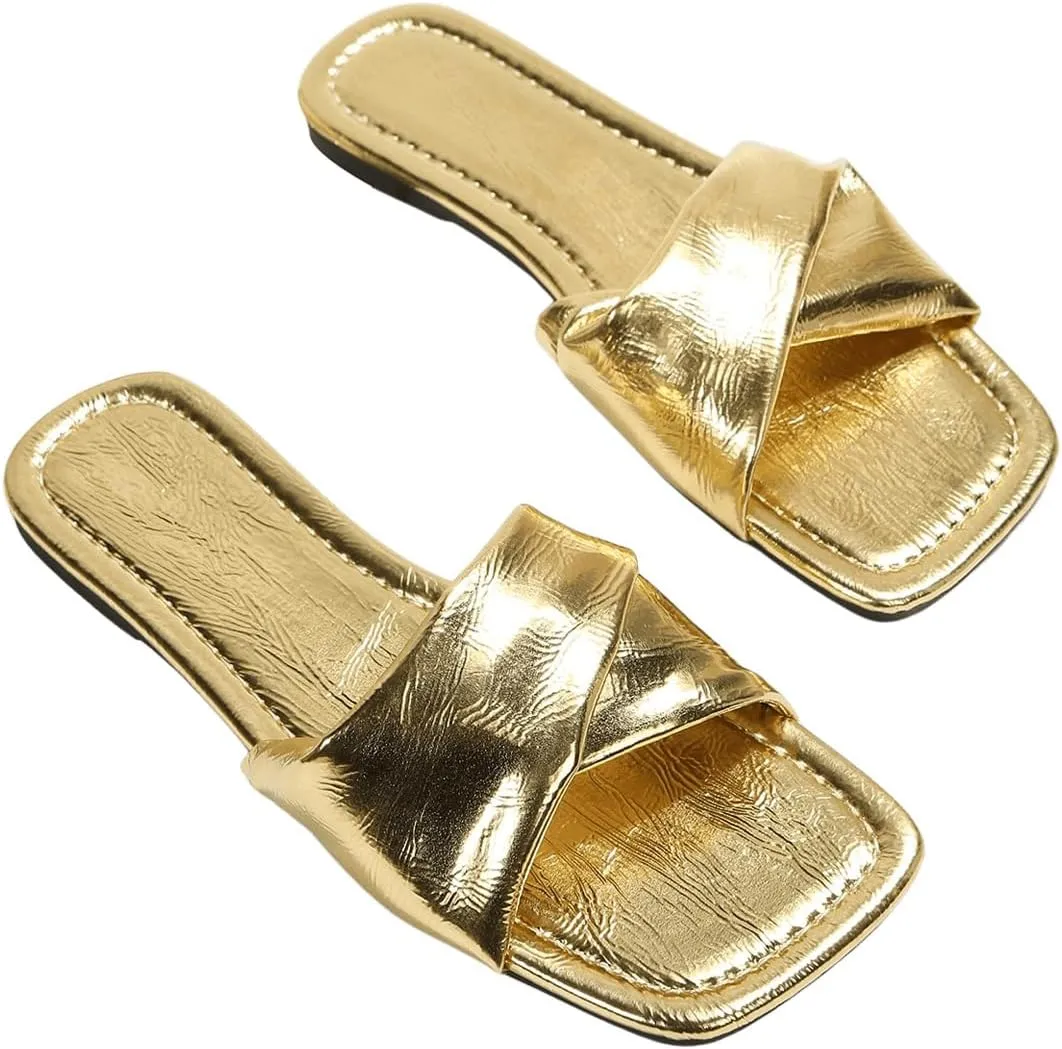 GORGLITTER Women's Metallic Silver Sandals Criss Cross Slip on Sandals Open Toe Slide Flat Sandals