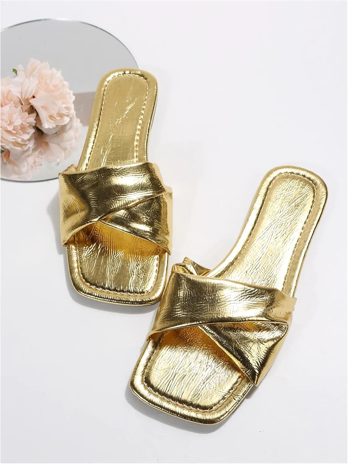 GORGLITTER Women's Metallic Silver Sandals Criss Cross Slip on Sandals Open Toe Slide Flat Sandals