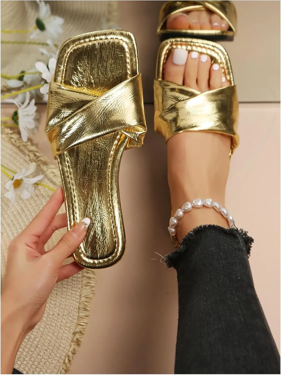 GORGLITTER Women's Metallic Silver Sandals Criss Cross Slip on Sandals Open Toe Slide Flat Sandals