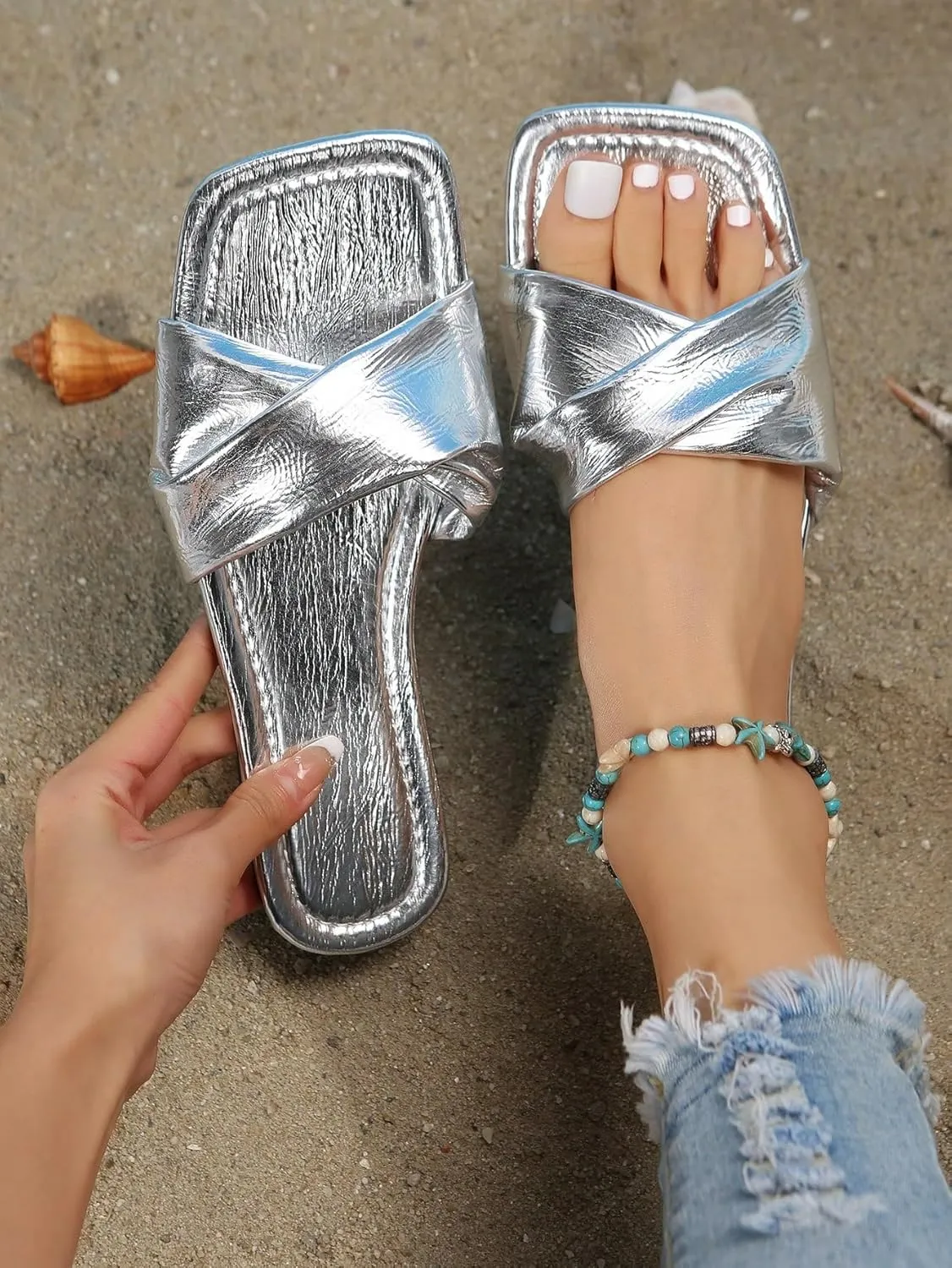 GORGLITTER Women's Metallic Silver Sandals Criss Cross Slip on Sandals Open Toe Slide Flat Sandals