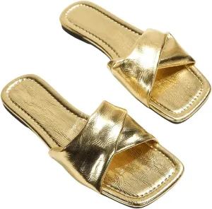 GORGLITTER Women's Metallic Silver Sandals Criss Cross Slip on Sandals Open Toe Slide Flat Sandals