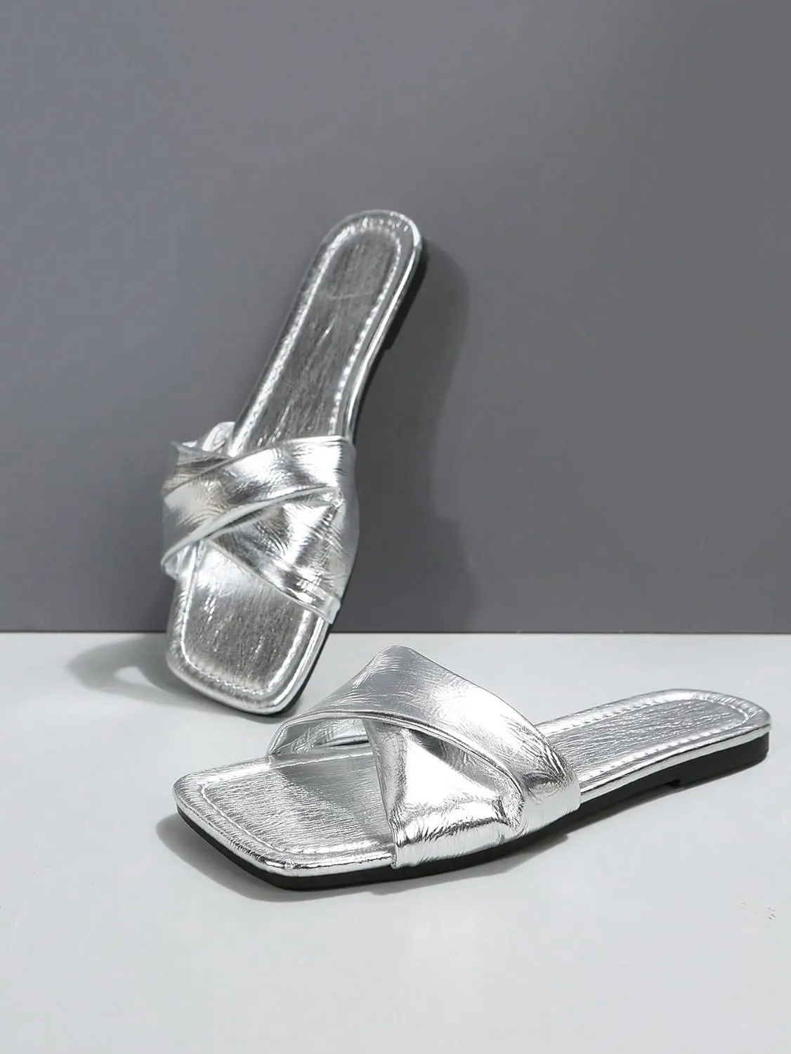 GORGLITTER Women's Metallic Silver Sandals Criss Cross Slip on Sandals Open Toe Slide Flat Sandals