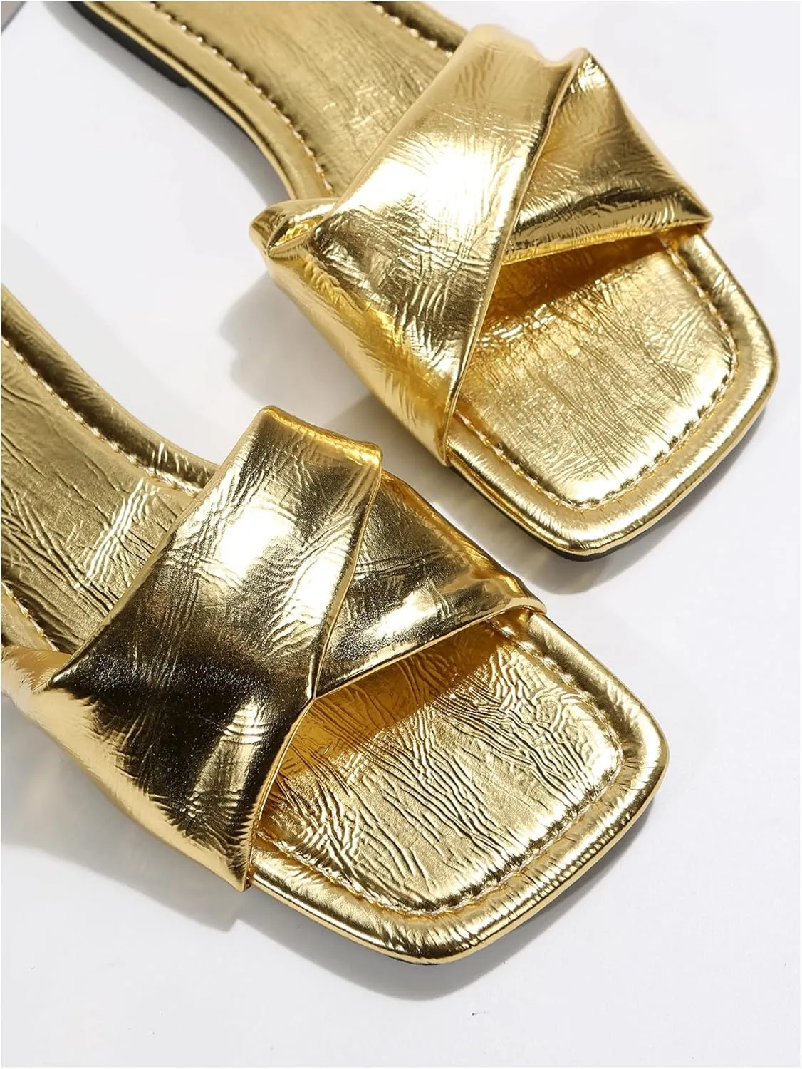 GORGLITTER Women's Metallic Silver Sandals Criss Cross Slip on Sandals Open Toe Slide Flat Sandals