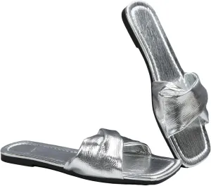 GORGLITTER Women's Metallic Silver Sandals Criss Cross Slip on Sandals Open Toe Slide Flat Sandals