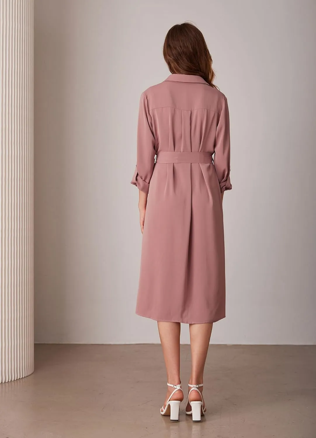 GRACE KARIN Women's Long Sleeve Button Down Shirt Dress Casual Loose Tie Waist Adjustable Sleeve Length Midi Dresses
