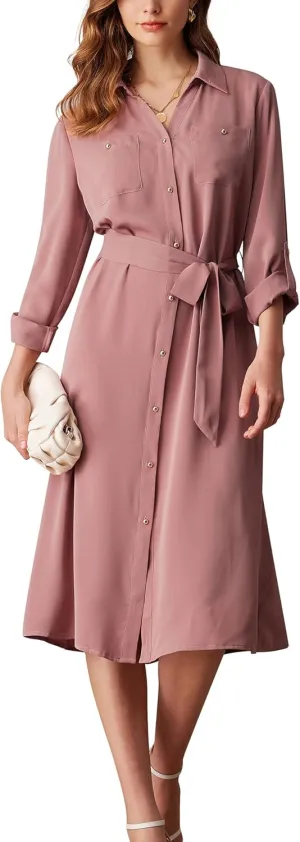 GRACE KARIN Women's Long Sleeve Button Down Shirt Dress Casual Loose Tie Waist Adjustable Sleeve Length Midi Dresses