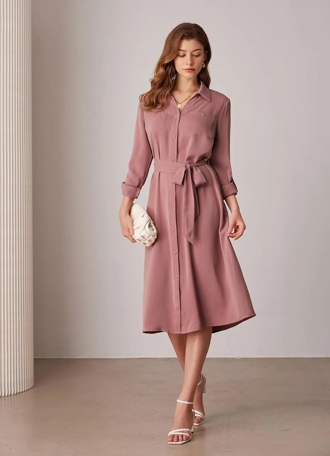 GRACE KARIN Women's Long Sleeve Button Down Shirt Dress Casual Loose Tie Waist Adjustable Sleeve Length Midi Dresses