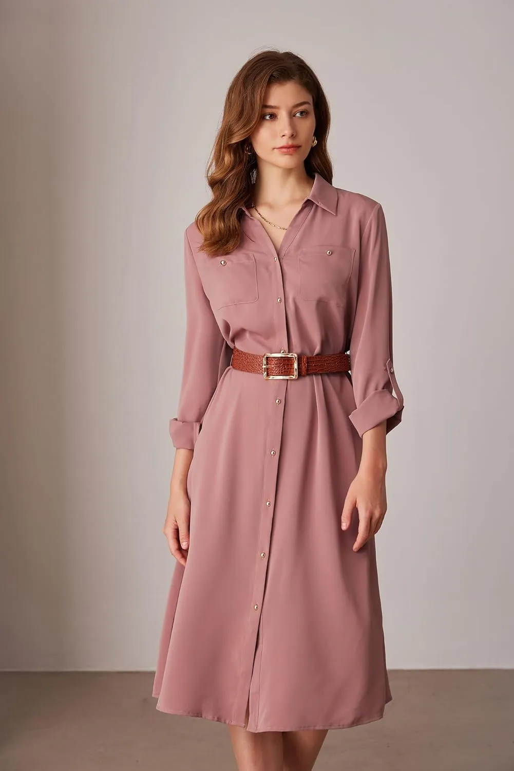 GRACE KARIN Women's Long Sleeve Button Down Shirt Dress Casual Loose Tie Waist Adjustable Sleeve Length Midi Dresses