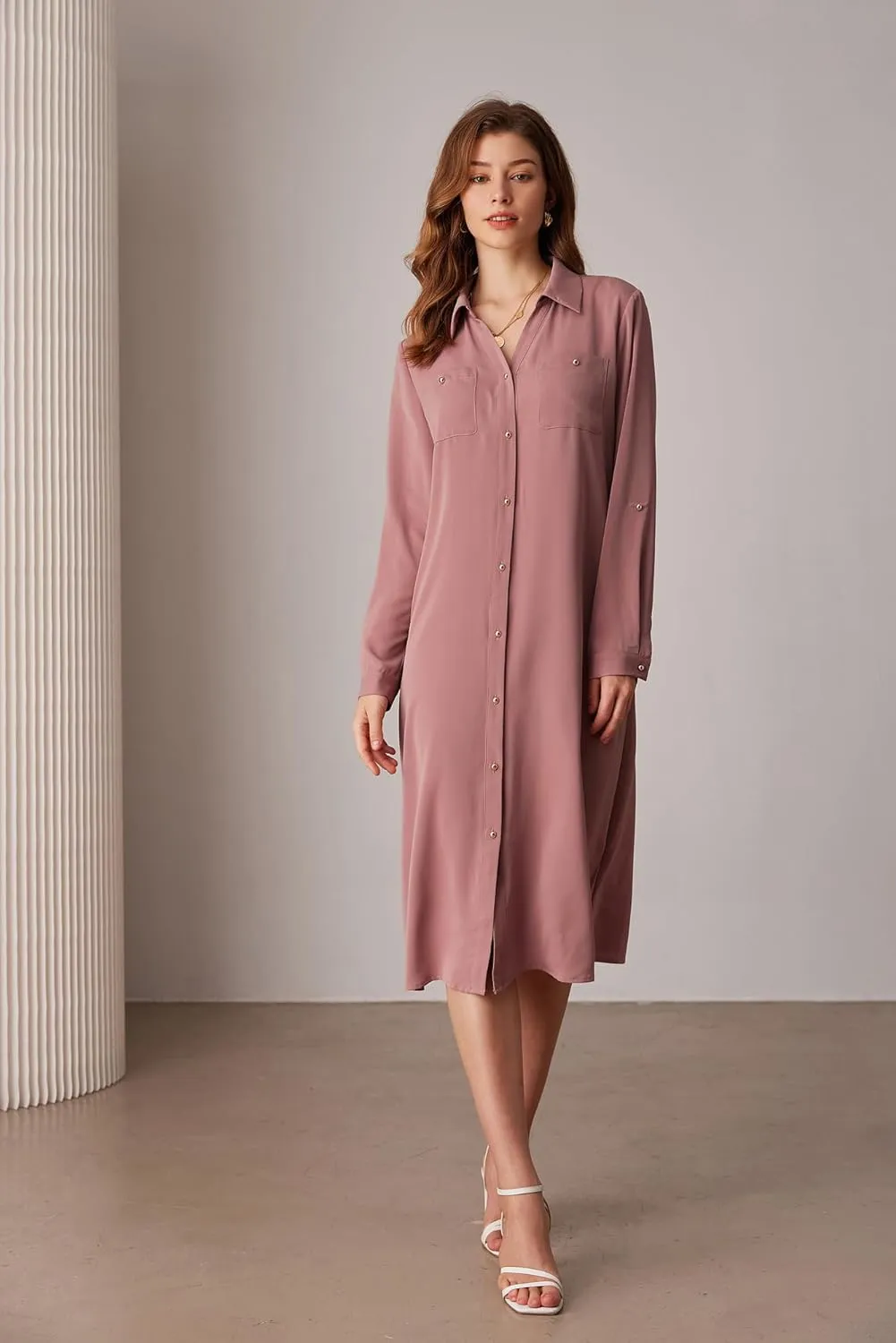 GRACE KARIN Women's Long Sleeve Button Down Shirt Dress Casual Loose Tie Waist Adjustable Sleeve Length Midi Dresses