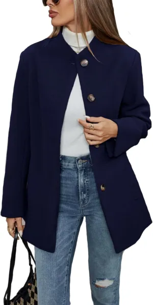 Haellun Women's Winter Placket Coat Casual Wool Blend Pea Coat Single Breasted Trench Coat Overcoat