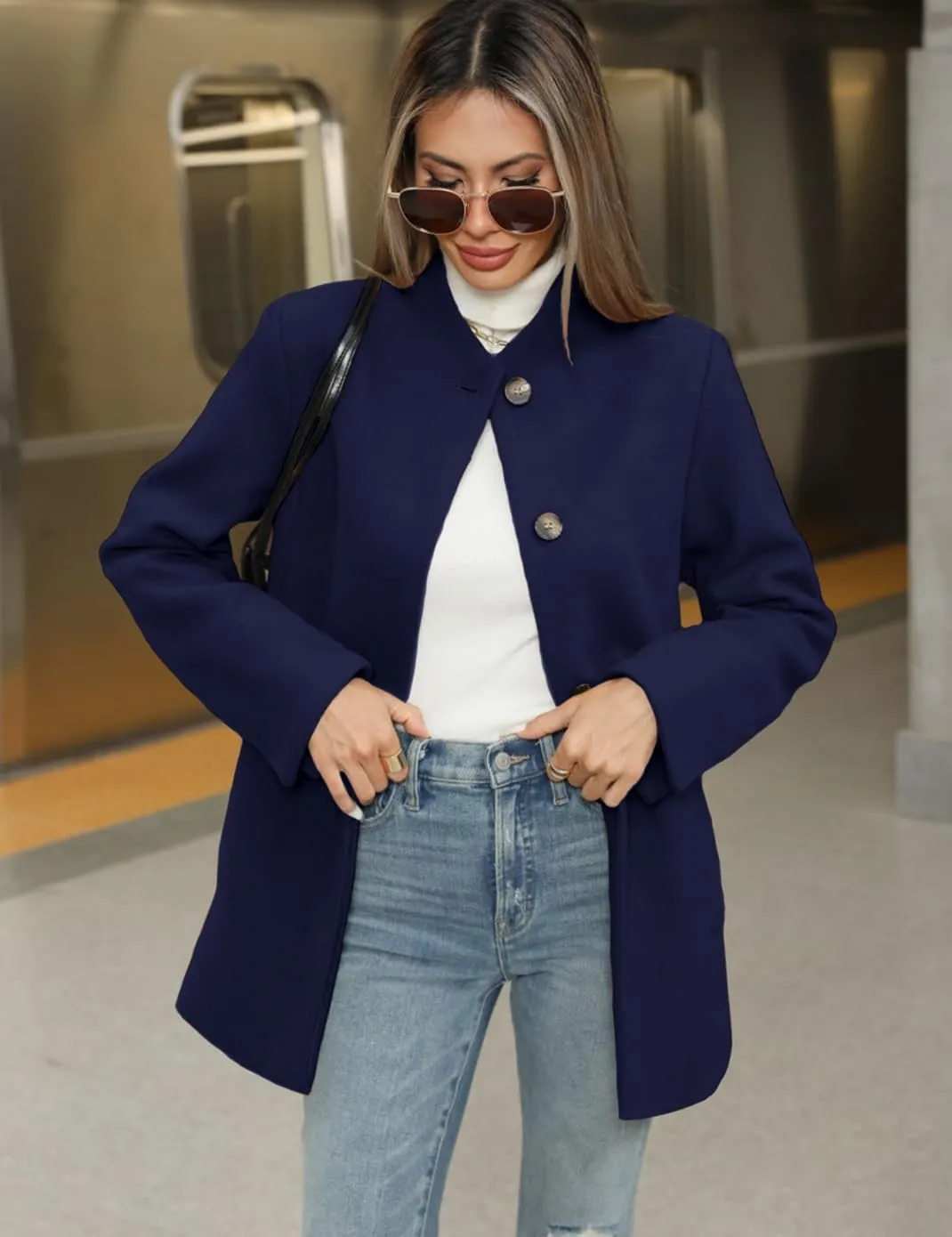 Haellun Women's Winter Placket Coat Casual Wool Blend Pea Coat Single Breasted Trench Coat Overcoat