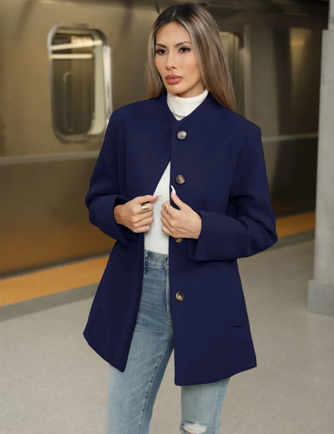 Haellun Women's Winter Placket Coat Casual Wool Blend Pea Coat Single Breasted Trench Coat Overcoat