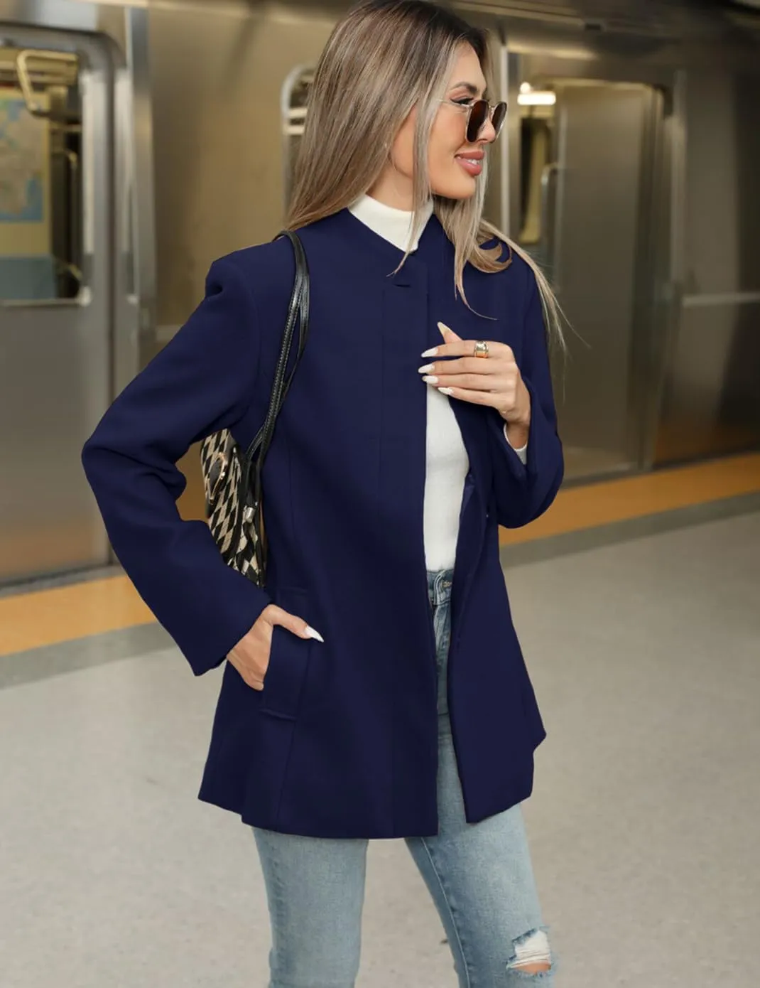 Haellun Women's Winter Placket Coat Casual Wool Blend Pea Coat Single Breasted Trench Coat Overcoat
