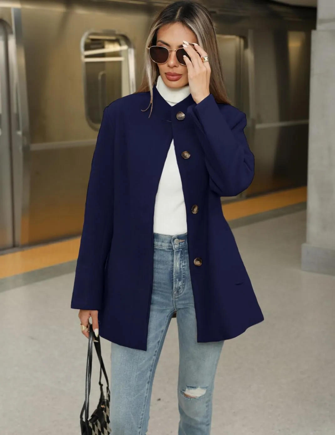 Haellun Women's Winter Placket Coat Casual Wool Blend Pea Coat Single Breasted Trench Coat Overcoat