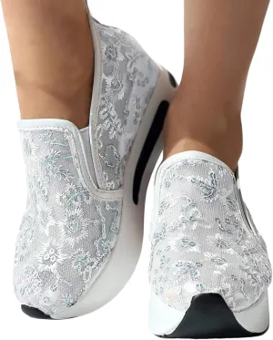 Hbeylia Platform Wedge Sneakers for Women Fashion Embroidery Floral Mesh Air Comfort Chunky Sole Hidden High Heels Slip On Loafers Breathable Walking Work Shoes with Arch Support