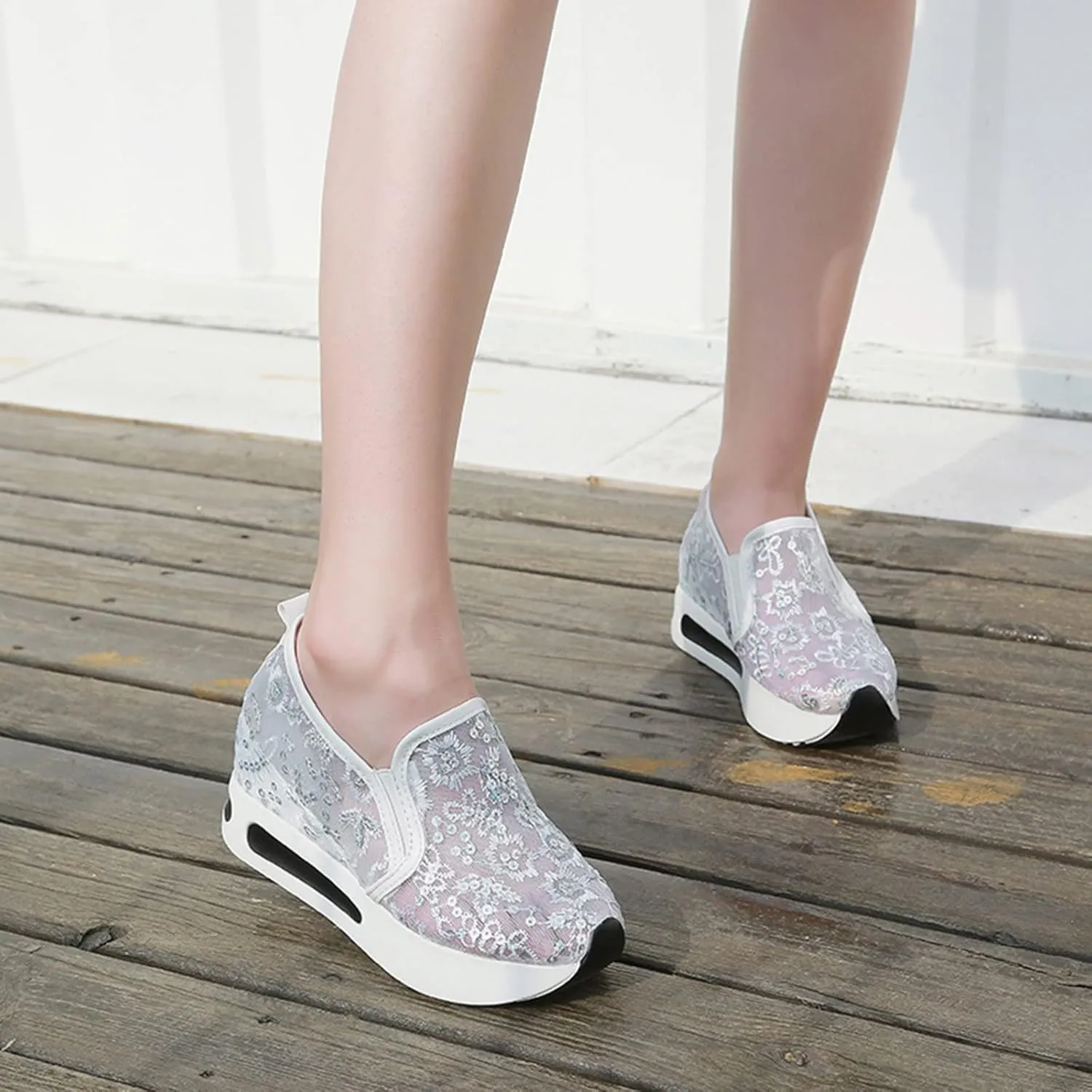 Hbeylia Platform Wedge Sneakers for Women Fashion Embroidery Floral Mesh Air Comfort Chunky Sole Hidden High Heels Slip On Loafers Breathable Walking Work Shoes with Arch Support
