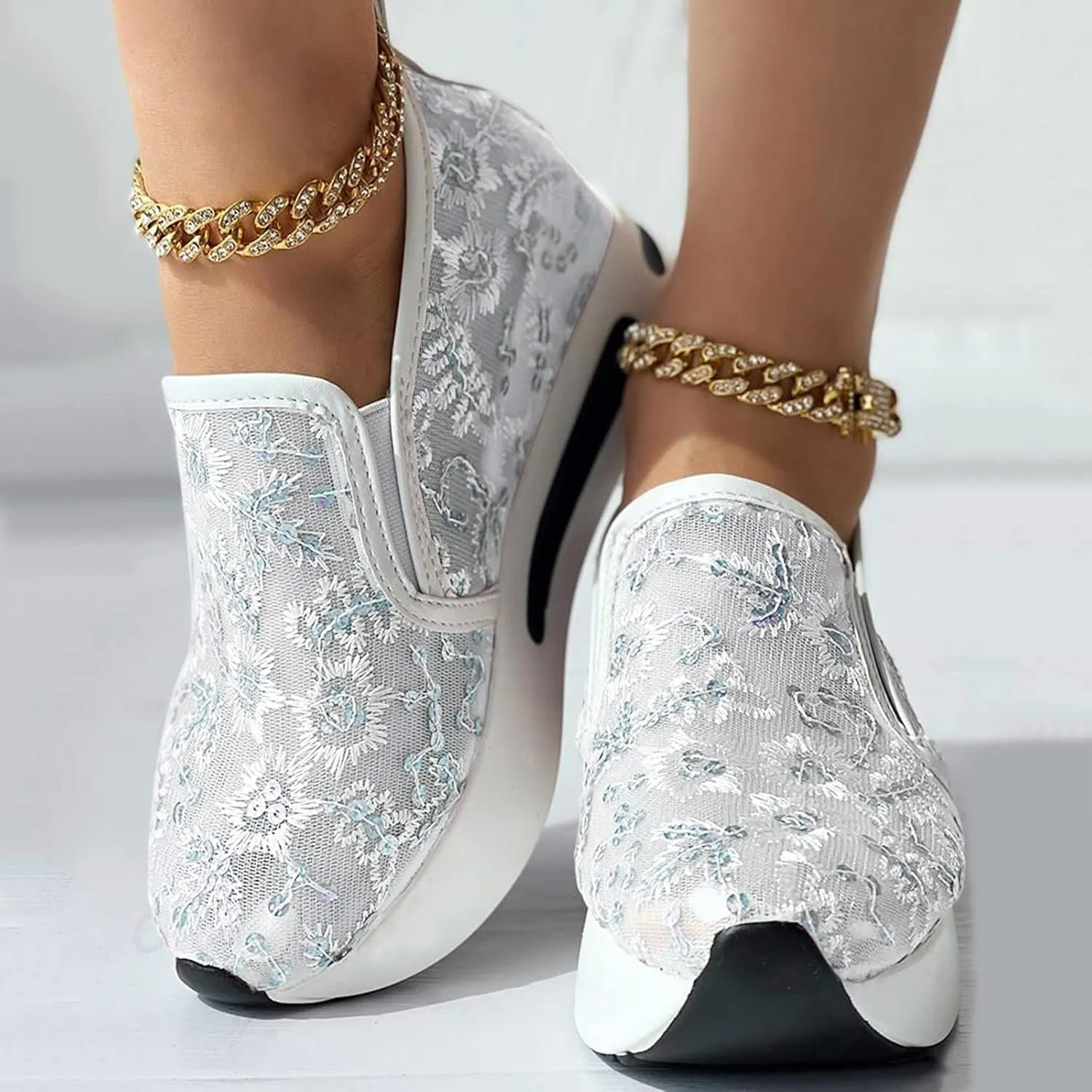 Hbeylia Platform Wedge Sneakers for Women Fashion Embroidery Floral Mesh Air Comfort Chunky Sole Hidden High Heels Slip On Loafers Breathable Walking Work Shoes with Arch Support