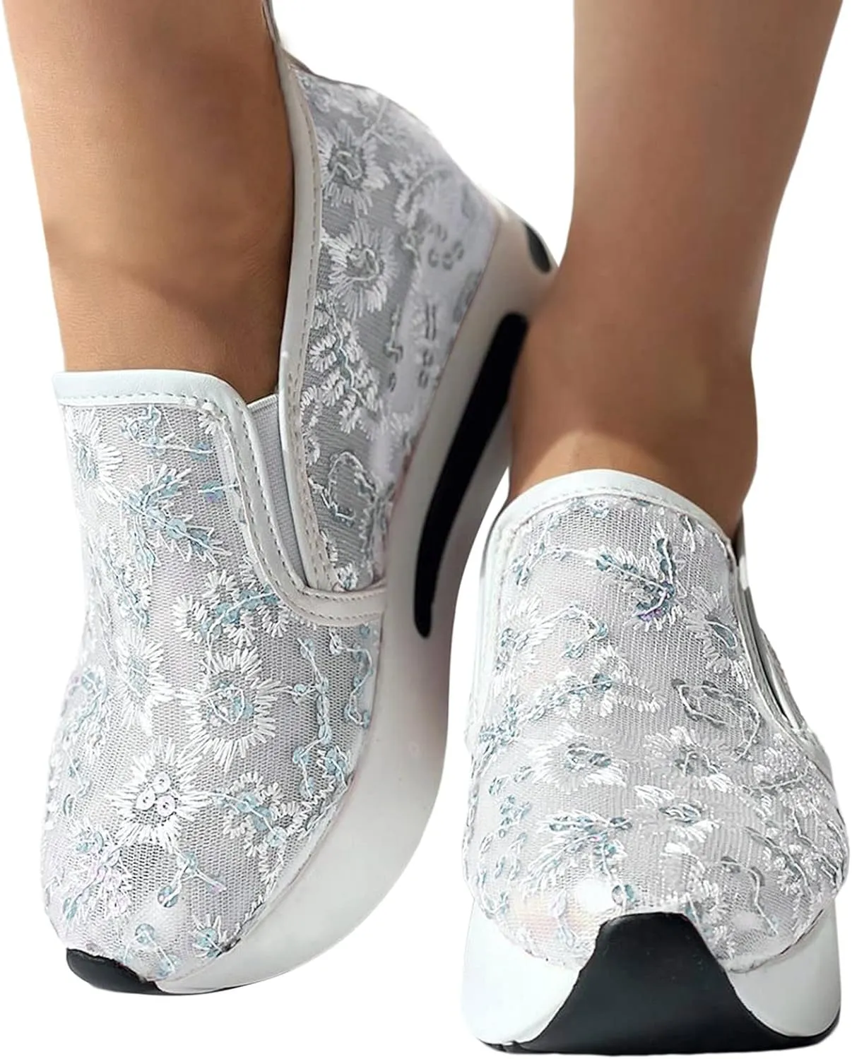 Hbeylia Platform Wedge Sneakers for Women Fashion Embroidery Floral Mesh Air Comfort Chunky Sole Hidden High Heels Slip On Loafers Breathable Walking Work Shoes with Arch Support