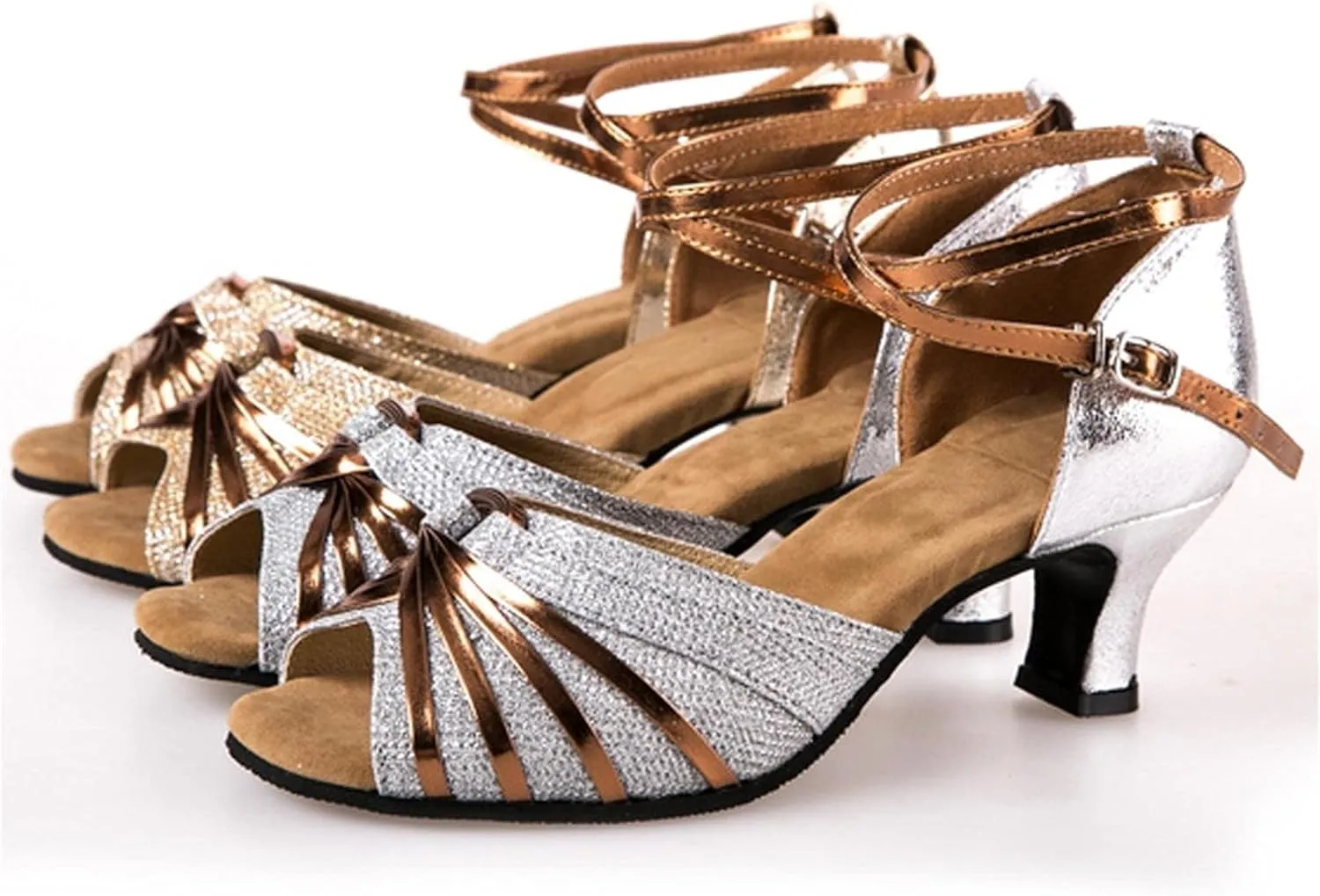 Heels for Women Silver Latin Dance Shoes Satin Open Toe Heel Ballroom Dance Practice Shoes Buckle Prom Heels