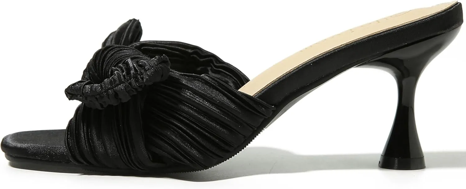Heiyom Women's Bowknot Low Stilettos Heels Mules Sandals Slip on Pleated Bow Heels Wedding Bridal Party Dress Shoes