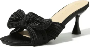 Heiyom Women's Bowknot Low Stilettos Heels Mules Sandals Slip on Pleated Bow Heels Wedding Bridal Party Dress Shoes