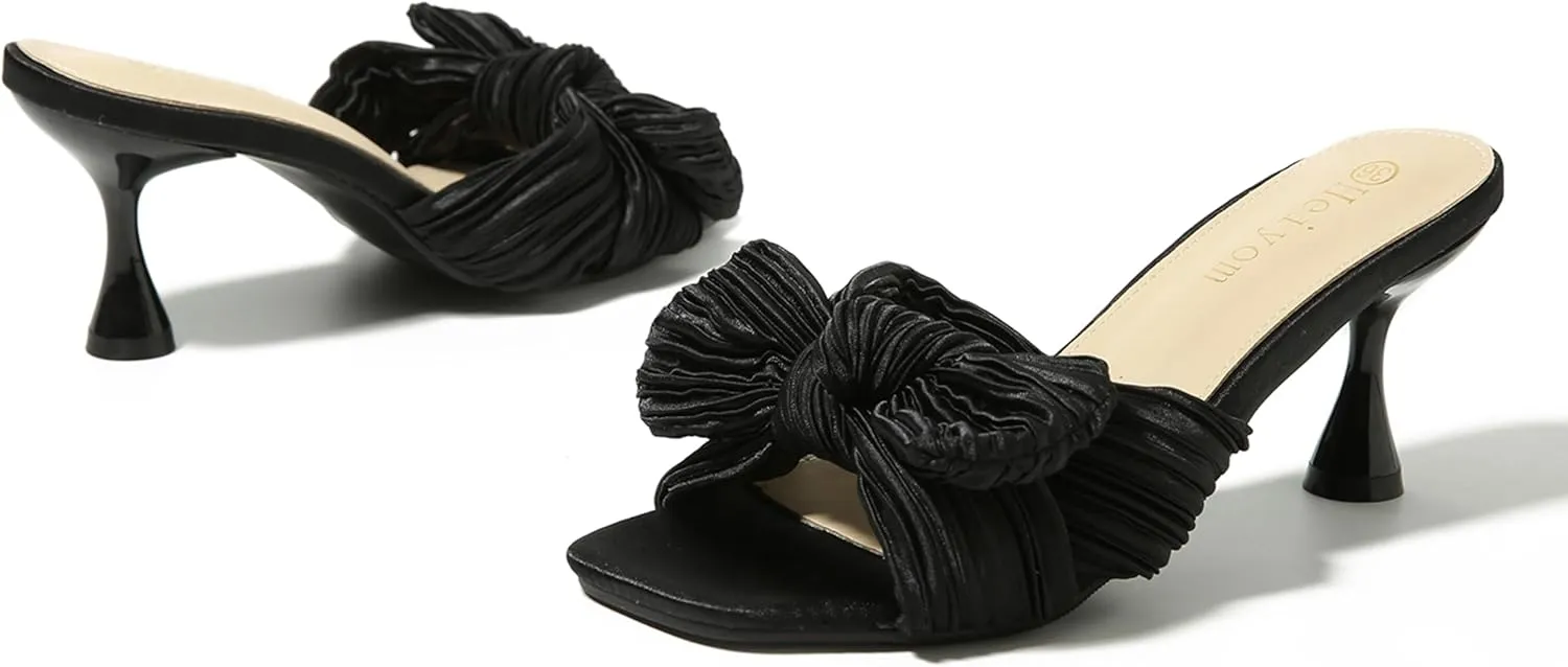 Heiyom Women's Bowknot Low Stilettos Heels Mules Sandals Slip on Pleated Bow Heels Wedding Bridal Party Dress Shoes