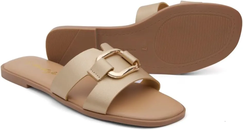 Herstyle Women's Flat Sandals 2025 – Trendy Square Open Toe Slides with Metal Chain, Memory Foam Cushioned Footbed, Slip-On Fashion Slippers for Summer