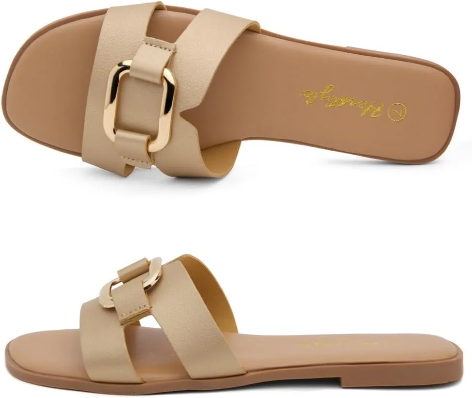 Herstyle Women's Flat Sandals 2025 – Trendy Square Open Toe Slides with Metal Chain, Memory Foam Cushioned Footbed, Slip-On Fashion Slippers for Summer