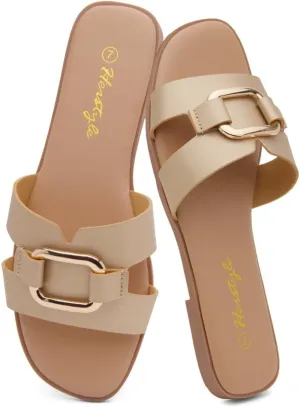 Herstyle Women's Flat Sandals 2025 – Trendy Square Open Toe Slides with Metal Chain, Memory Foam Cushioned Footbed, Slip-On Fashion Slippers for Summer