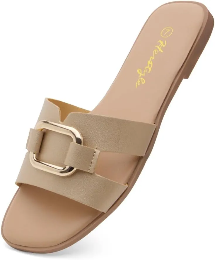 Herstyle Women's Flat Sandals 2025 – Trendy Square Open Toe Slides with Metal Chain, Memory Foam Cushioned Footbed, Slip-On Fashion Slippers for Summer