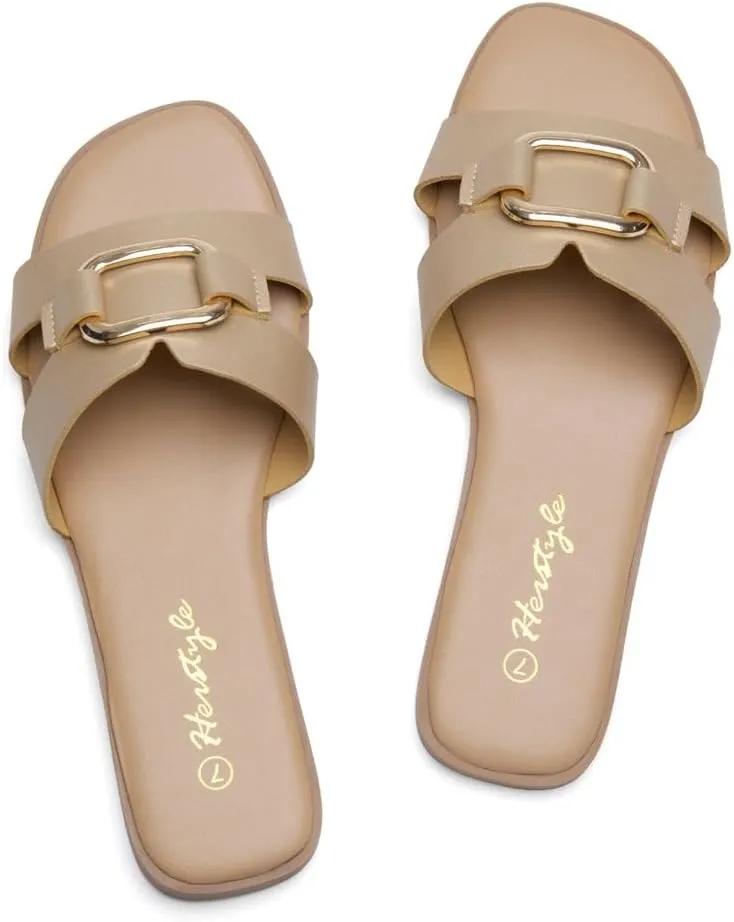 Herstyle Women's Flat Sandals 2025 – Trendy Square Open Toe Slides with Metal Chain, Memory Foam Cushioned Footbed, Slip-On Fashion Slippers for Summer
