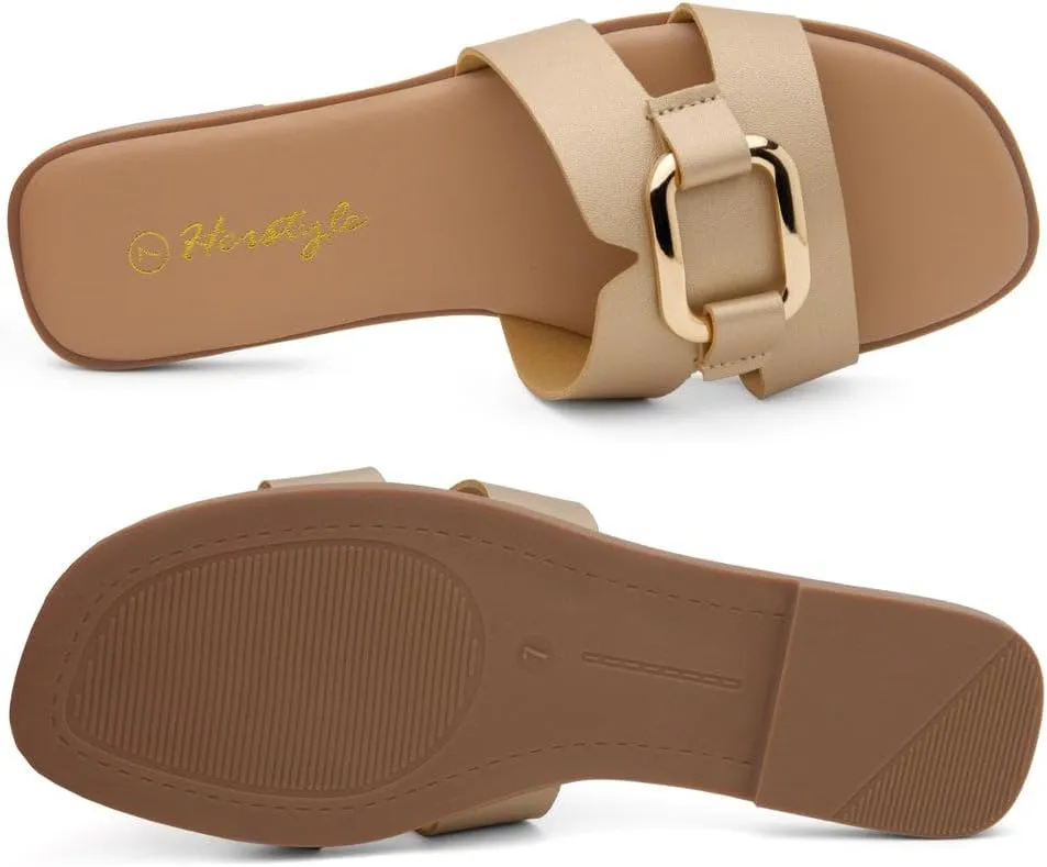 Herstyle Women's Flat Sandals 2025 – Trendy Square Open Toe Slides with Metal Chain, Memory Foam Cushioned Footbed, Slip-On Fashion Slippers for Summer