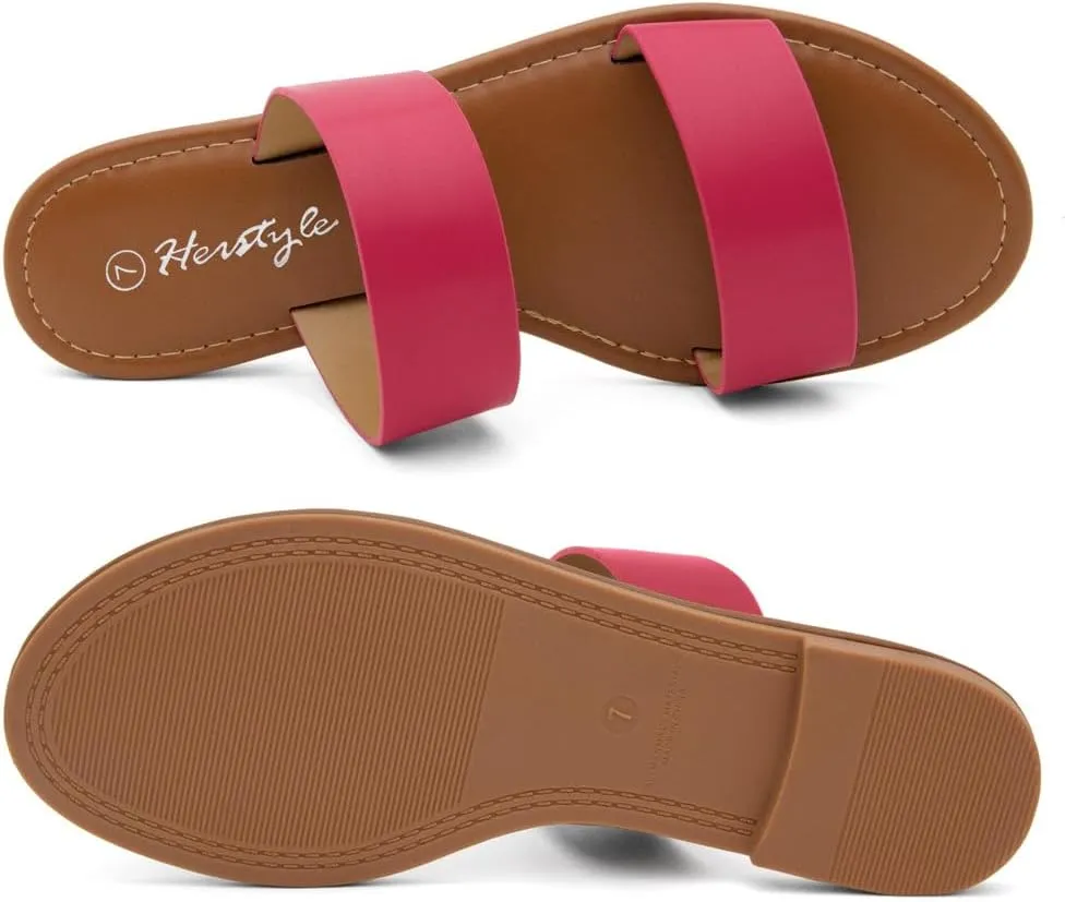 Herstyle Women’s Flat Sandals – Two Strap Comfortable Slides with Memory Foam, Trendy 2025 Summer Sandals, Lightweight Slip-On Open Toe Dressy & Casual Slippers for Women