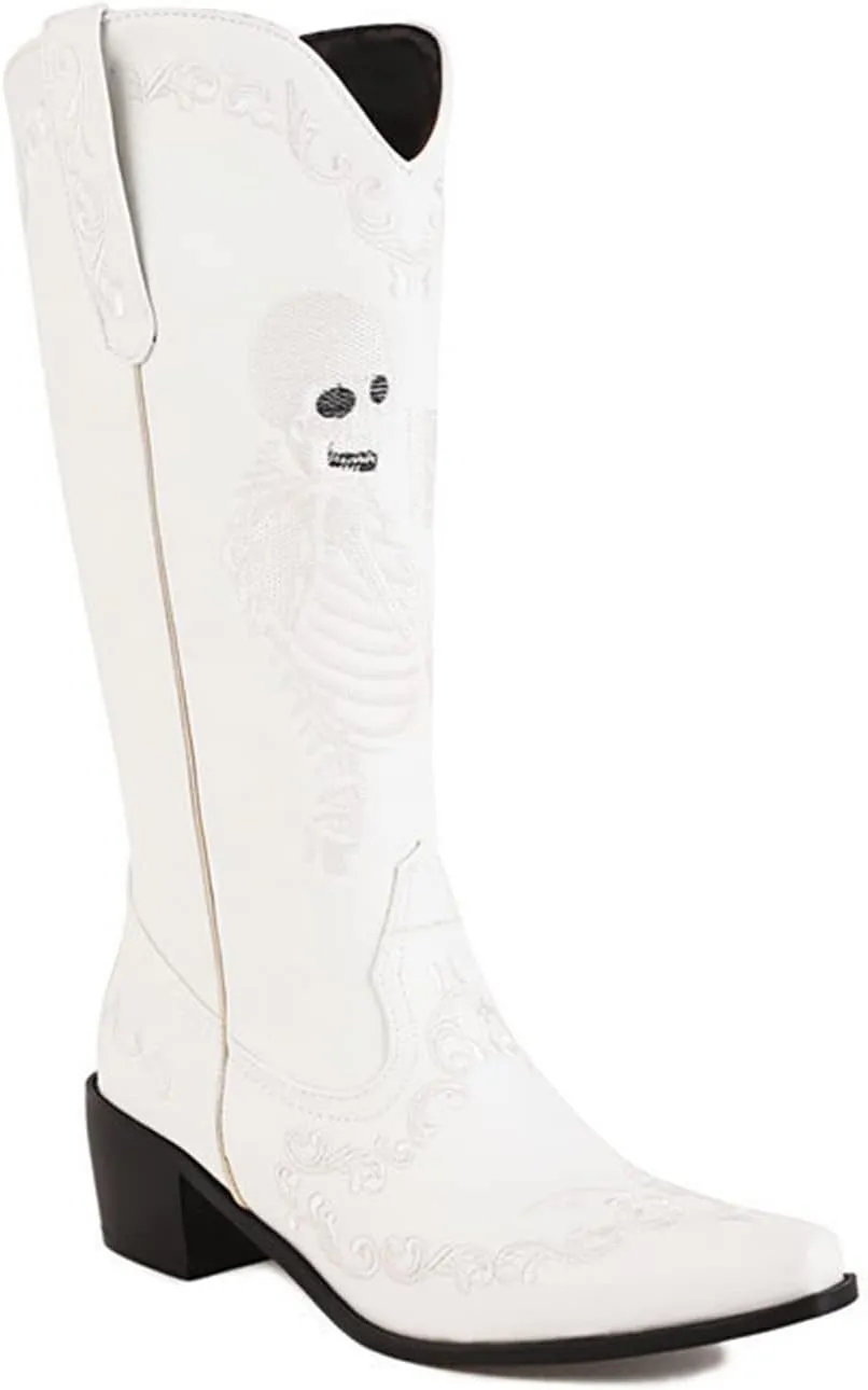 HINDOLA Women's Cowgirl Boots Skull Embroidery Cowboy Mid Calf Boots Western Chunky Block Heel Fashion Pull-On Retro Boots