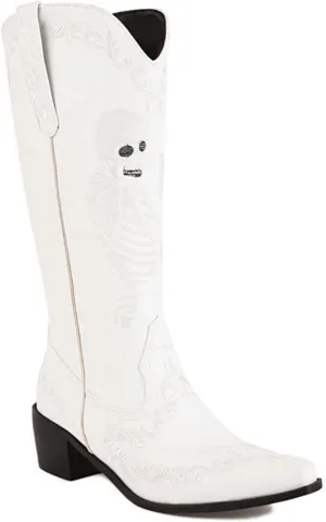 HINDOLA Women's Cowgirl Boots Skull Embroidery Cowboy Mid Calf Boots Western Chunky Block Heel Fashion Pull-On Retro Boots
