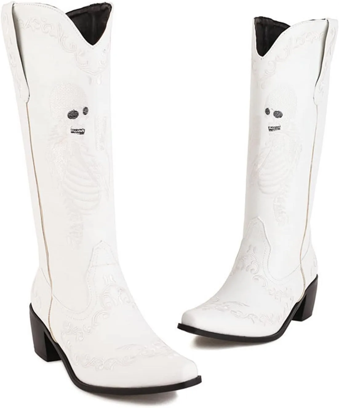 HINDOLA Women's Cowgirl Boots Skull Embroidery Cowboy Mid Calf Boots Western Chunky Block Heel Fashion Pull-On Retro Boots