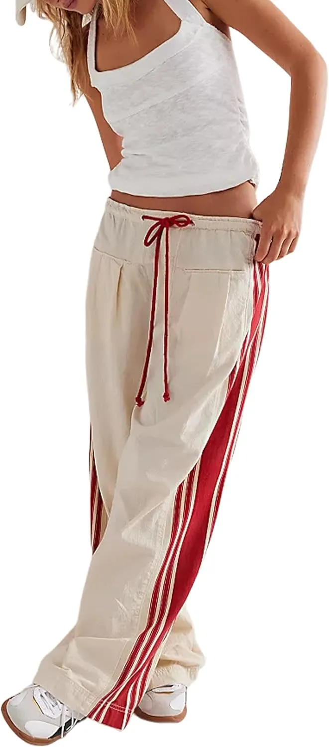 Hongsui Women's Wide Leg Pants Drawstring High Rise Side Striped Slouchy Palazzo Pants with Pockets