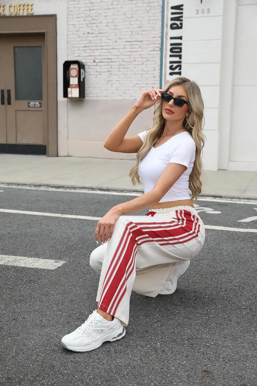 Hongsui Women's Wide Leg Pants Drawstring High Rise Side Striped Slouchy Palazzo Pants with Pockets