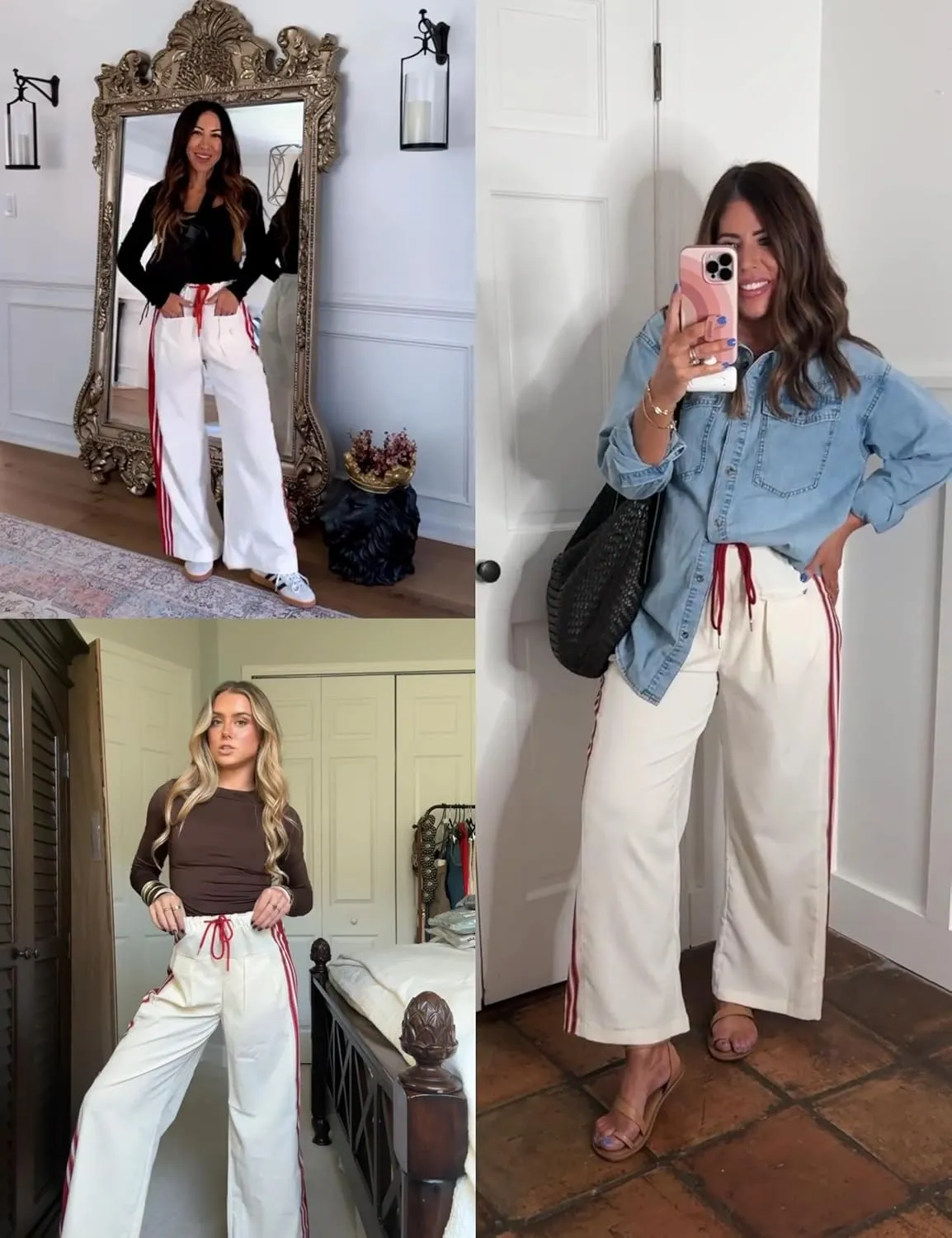 Hongsui Women's Wide Leg Pants Drawstring High Rise Side Striped Slouchy Palazzo Pants with Pockets