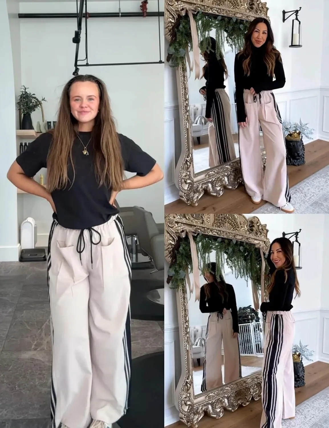 Hongsui Women's Wide Leg Pants Drawstring High Rise Side Striped Slouchy Palazzo Pants with Pockets