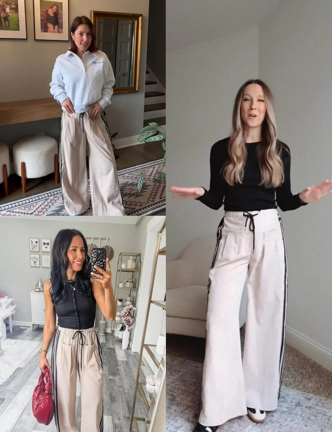 Hongsui Women's Wide Leg Pants Drawstring High Rise Side Striped Slouchy Palazzo Pants with Pockets