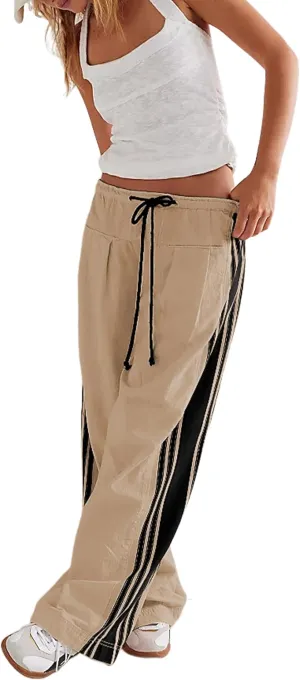 Hongsui Women's Wide Leg Pants Drawstring High Rise Side Striped Slouchy Palazzo Pants with Pockets