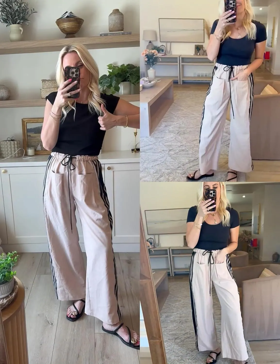 Hongsui Women's Wide Leg Pants Drawstring High Rise Side Striped Slouchy Palazzo Pants with Pockets
