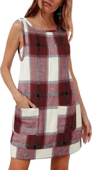 Hooever Plaid Overall Dress for Women Round Neck A Line Skirtall Jumper Mini Dress Pinafore with Pockets